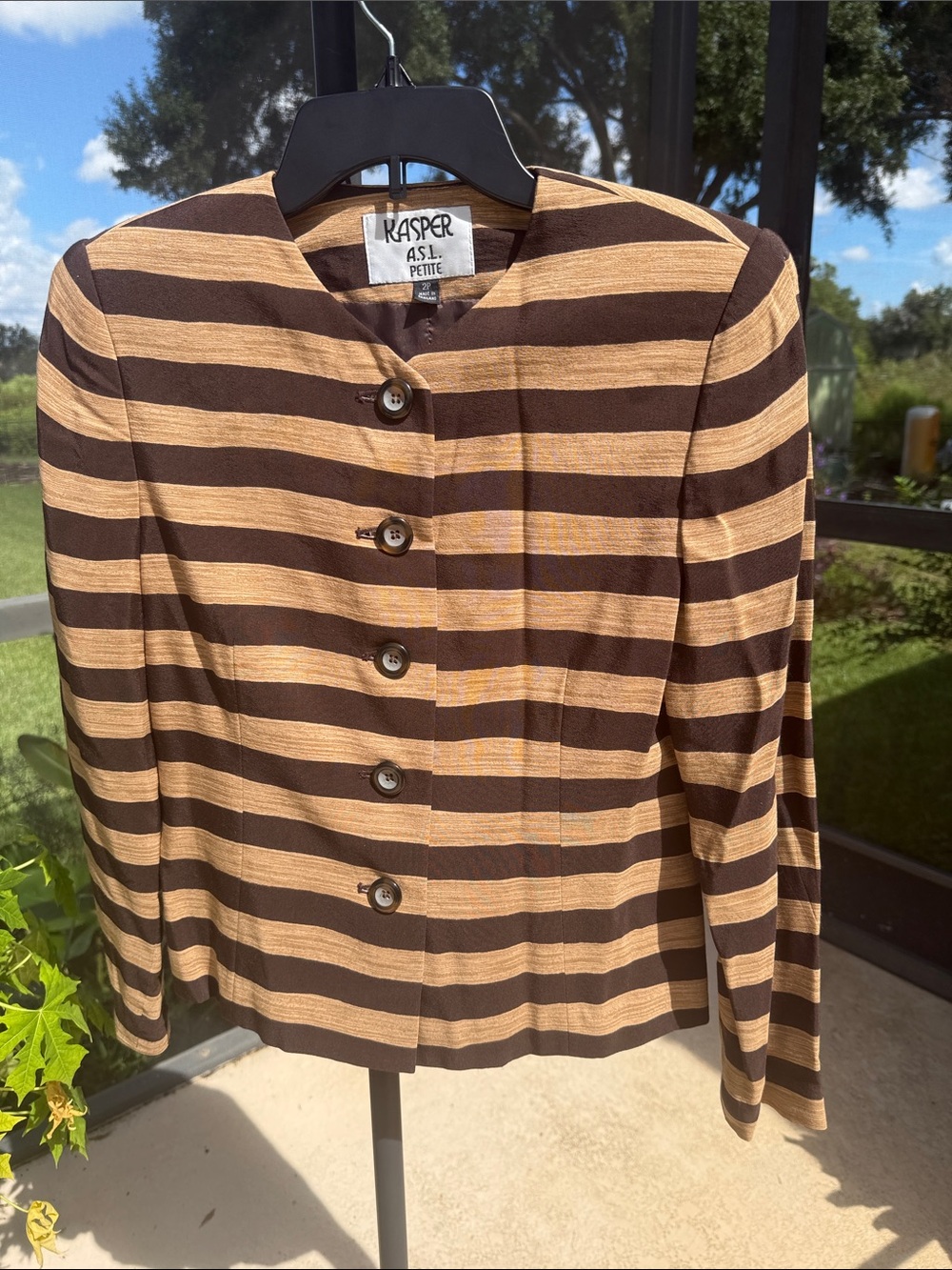 Vintage Kasper ASL Petite Brown and Tan Striped Petite Button Front Jacket